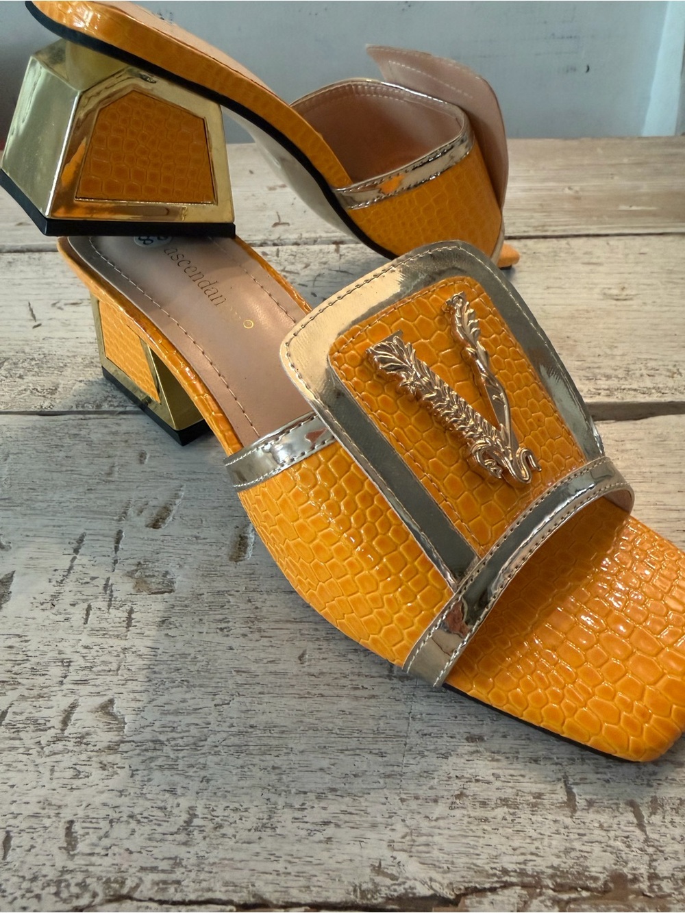 Versace Yellow Croc-Embossed Block Heel Mules with Gold Trim